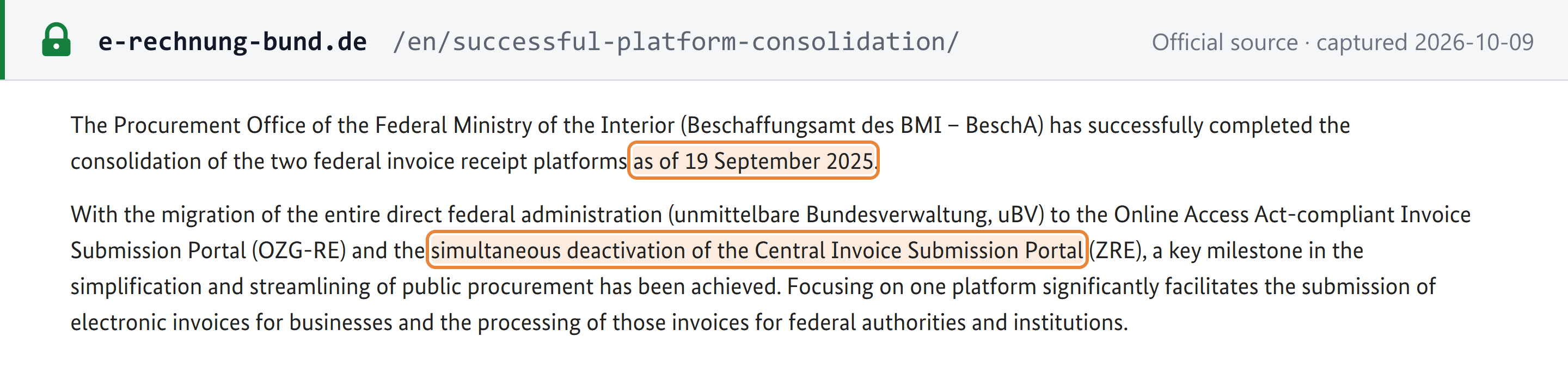 Source snapshot — e-rechnung-bund.de: ZRE and OZG-RE consolidated on 19 September 2025; the direct federal administration moved to the OZG-RE and the ZRE was deactivated