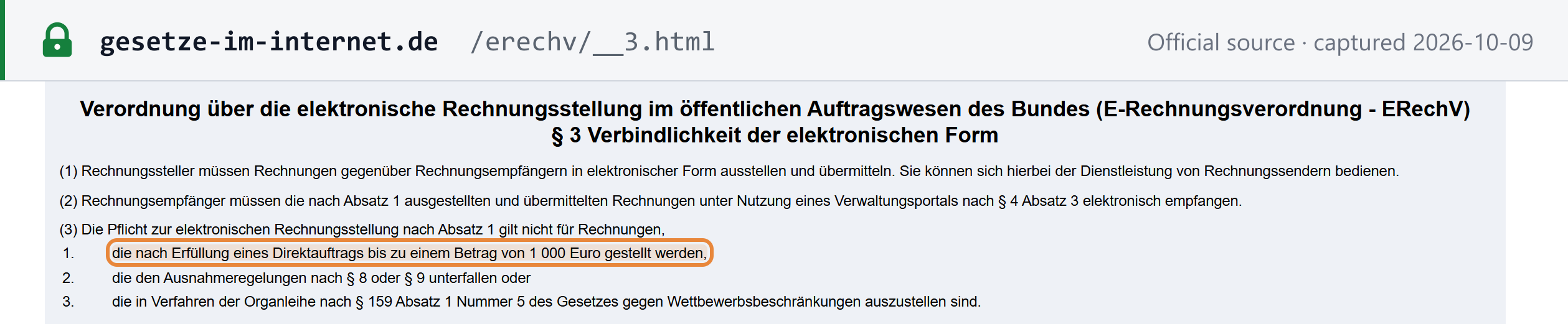 Source snapshot — § 3 ERechV: invoices to the federal administration must be issued and sent electronically; invoices after a direct award (Direktauftrag) of up to €1,000 are exempt