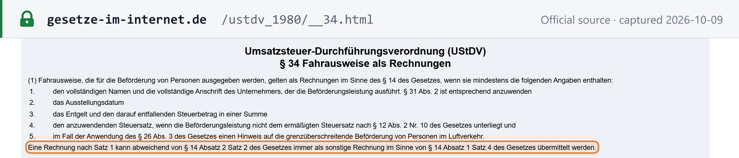 Source snapshot — § 34(1) UStDV: tickets (Fahrausweise) may always be sent as an other invoice (sonstige Rechnung)