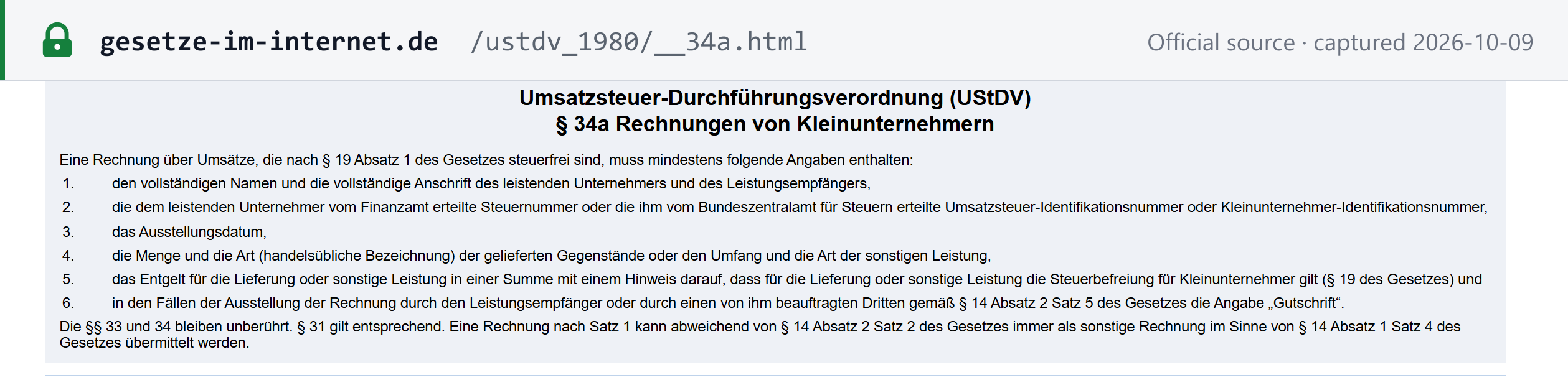 Source snapshot — § 34a UStDV: Kleinunternehmer invoices may always be sent as an other invoice (sonstige Rechnung)