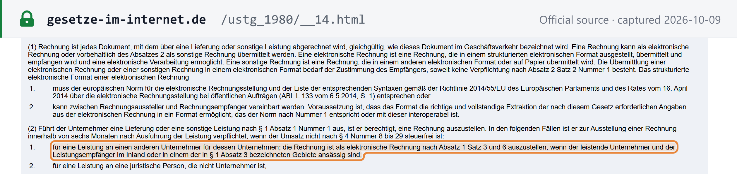 Source snapshot — § 14(1)–(2) UStG: e-invoice definition, EN 16931 or agreed format, and the e-invoice duty when supplier and business recipient are established in Germany