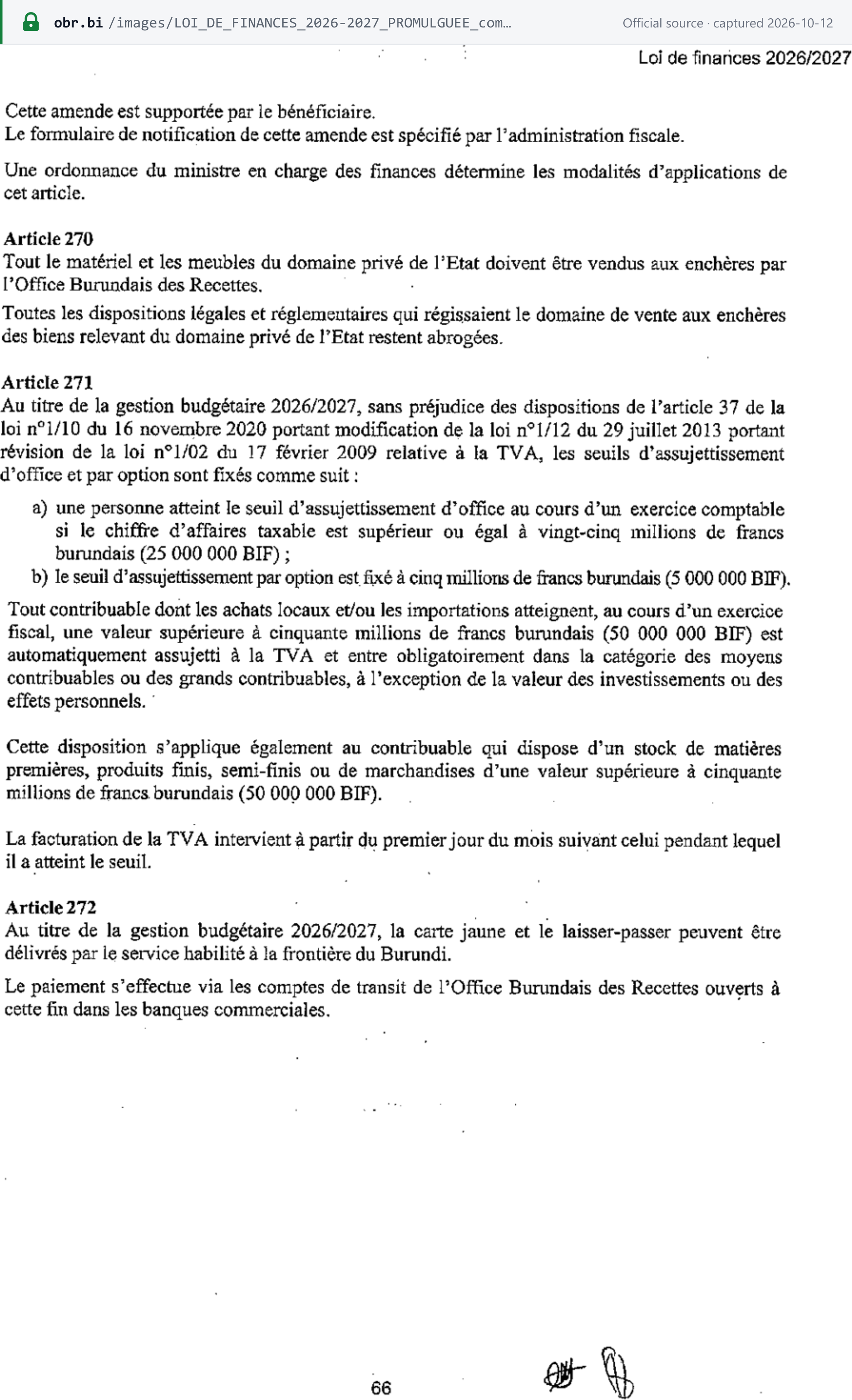 Source snapshot — Finance Law 2026/27, art. 271: VAT thresholds of BIF 25,000,000 (compulsory) and BIF 5,000,000 (optional), and automatic liability above BIF 50,000,000 of purchases, imports or stock