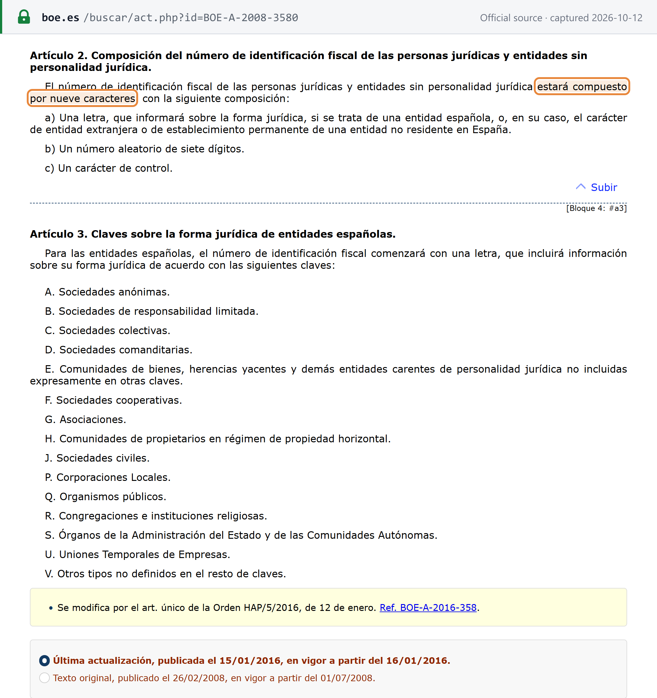 Source snapshot — Orden EHA/451/2008, arts. 2–3: the NIF of legal persons and entities has nine characters — a letter for the legal form, a random seven-digit number and a control character — followed by the list of letter keys
