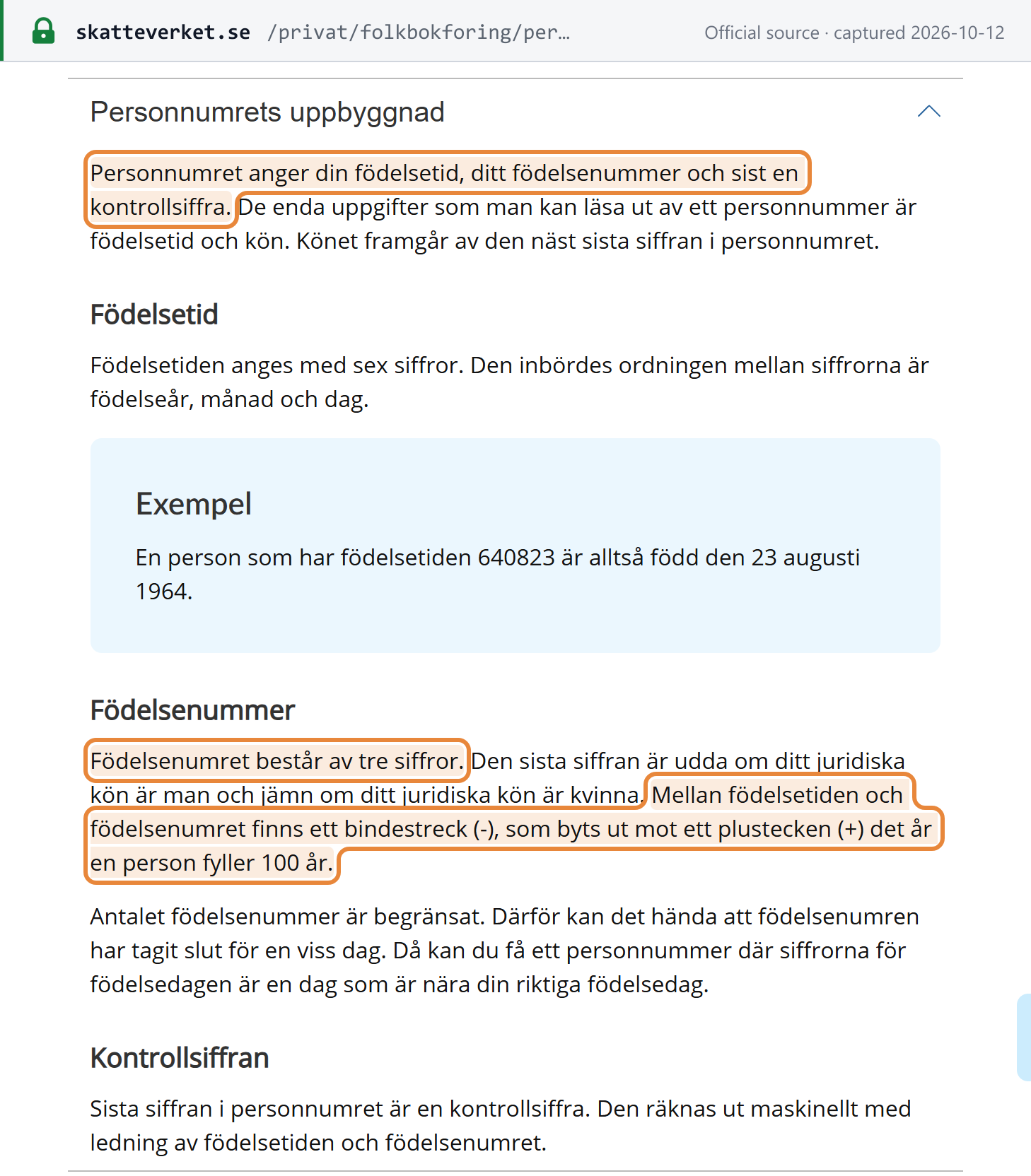 Source snapshot — Skatteverket "Personnummer": the number consists of the date of birth, a birth number and a check digit, with a plus sign replacing the hyphen in the year the person turns 100