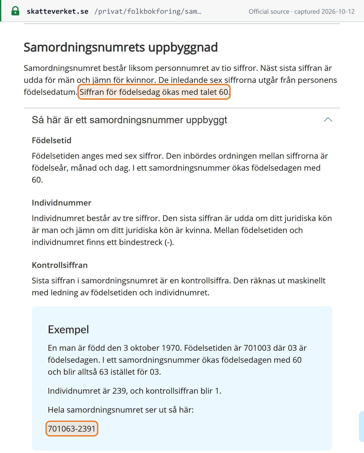 Source snapshot — Skatteverket "Samordningsnummer": the coordination number is built from the date of birth with 60 added to the day, an individual number and a check digit, e.g. 701063-2391