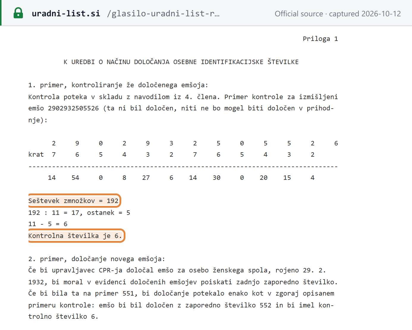 Source snapshot — Uredba o načinu določanja osebne identifikacijske številke (1999): the EMŠO check-digit method and the worked example for the fictitious EMŠO 2902932505526