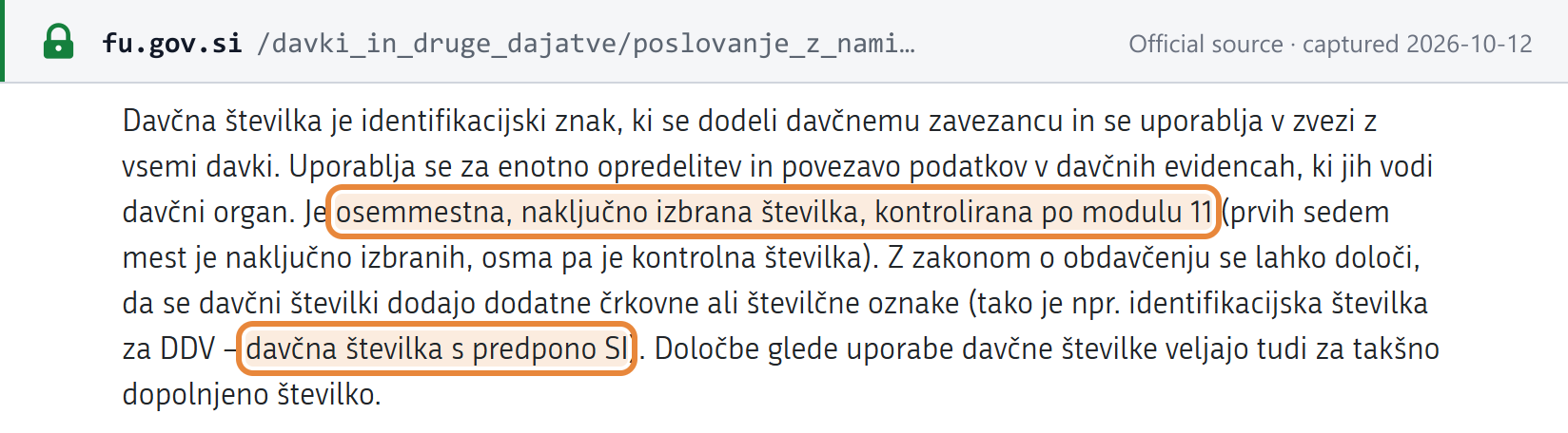 Source snapshot — FURS "Vpis v davčni register in davčna številka": the tax number is an eight-digit randomly chosen number controlled under modulus 11, and the VAT identification number is the tax number with the prefix SI