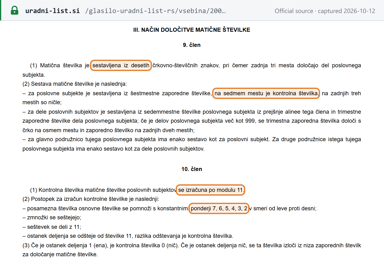 Source snapshot — Uredba o vodenju in vzdrževanju Poslovnega registra Slovenije, arts. 9–10: the matična številka has ten characters and a check digit in seventh place calculated modulo 11 with weights 7, 6, 5, 4, 3, 2