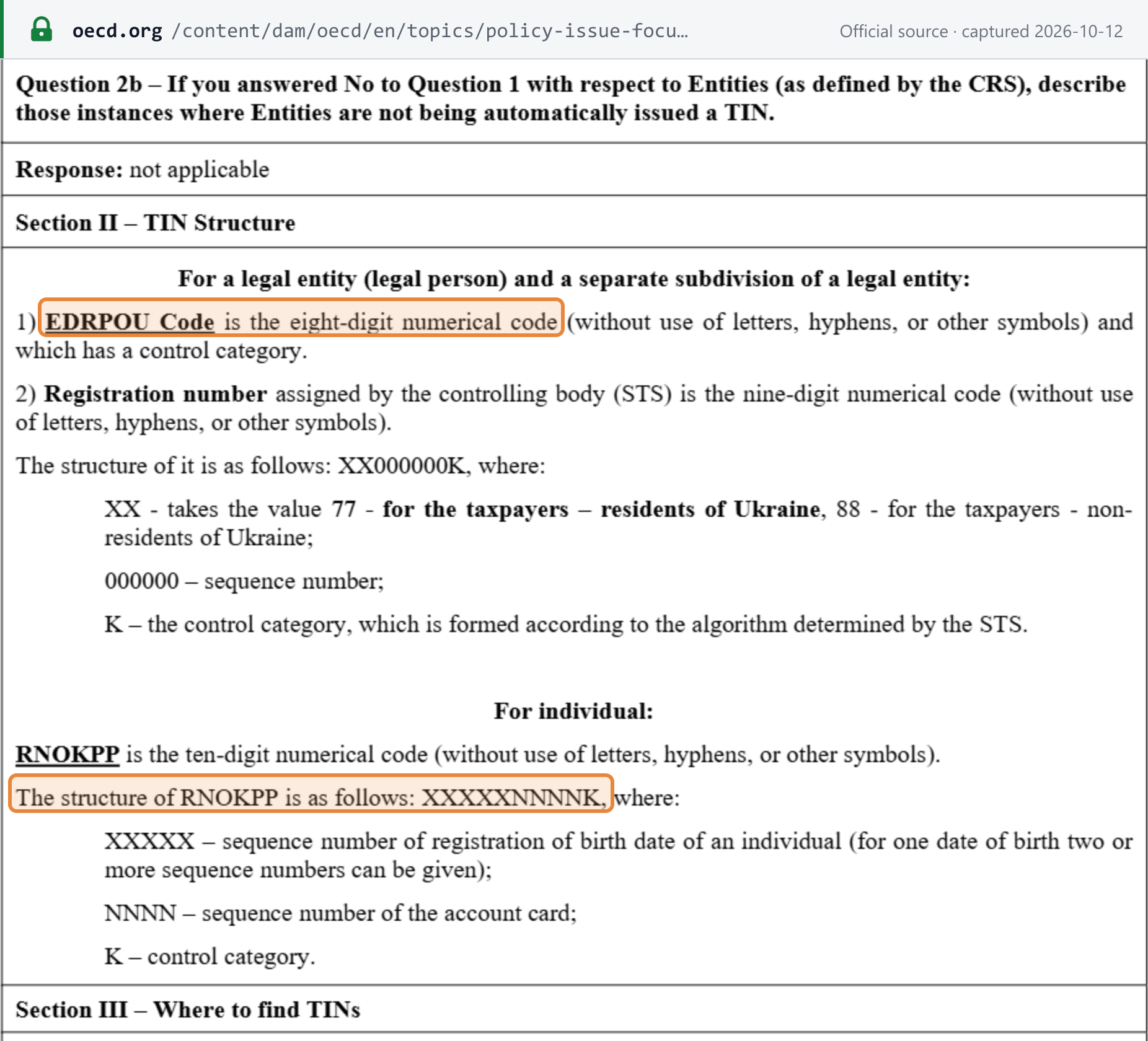 Source snapshot — State Tax Service of Ukraine TIN information sheet (hosted by the OECD): the EDRPOU code is an eight-digit numerical code with a control digit, and the individual's RNOKPP has the structure XXXXXNNNNK
