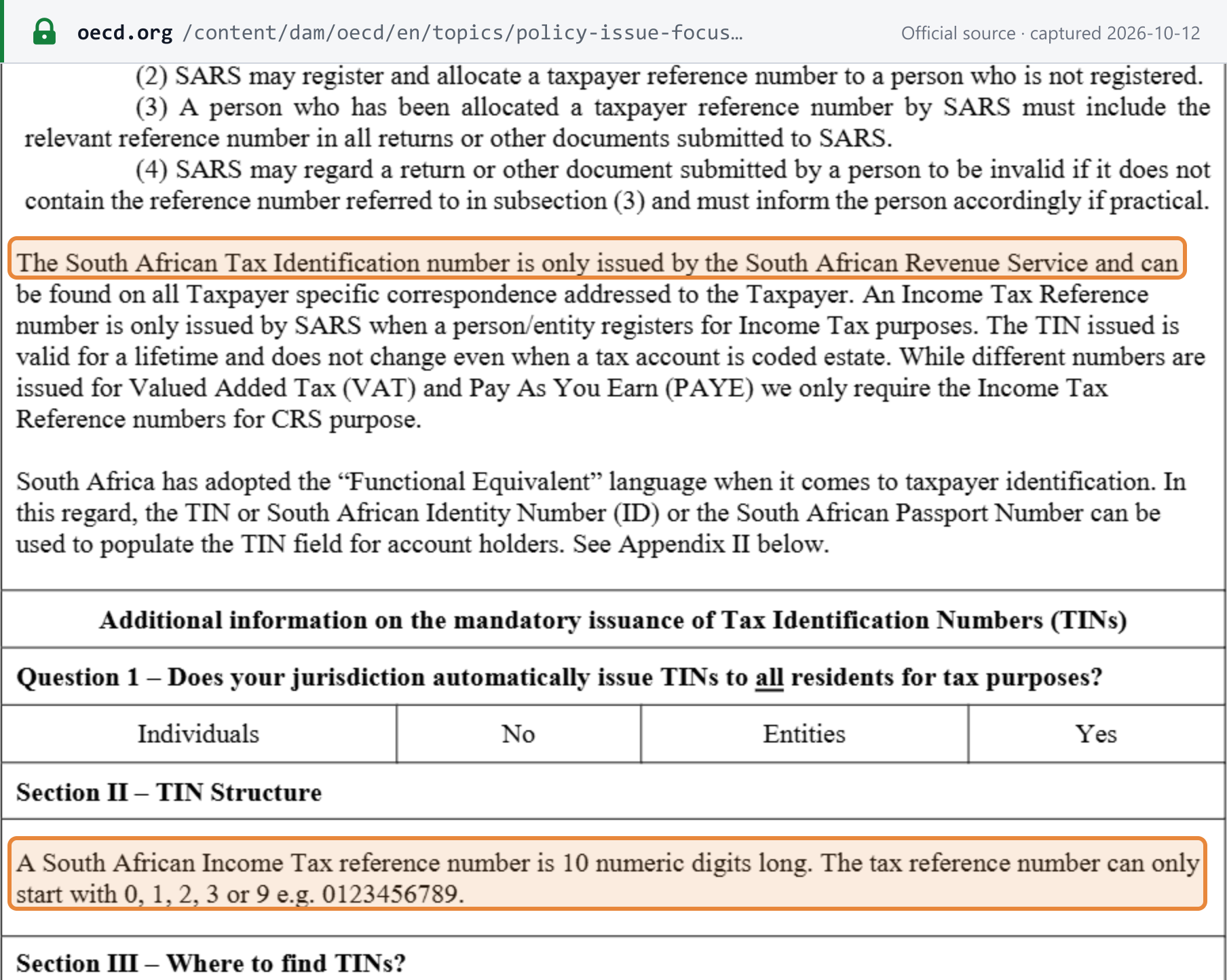 Source snapshot — SARS information sheet on tax identification numbers (hosted by the OECD): the income tax reference number is the South African TIN, 10 numeric digits starting with 0, 1, 2, 3 or 9; separate numbers are issued for VAT and PAYE