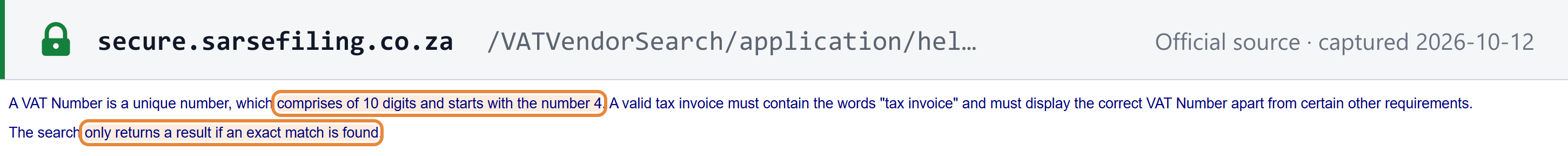 Source snapshot — SARS VAT Vendor Search help: a VAT number comprises 10 digits and starts with the number 4; the search returns a result only for an exact match