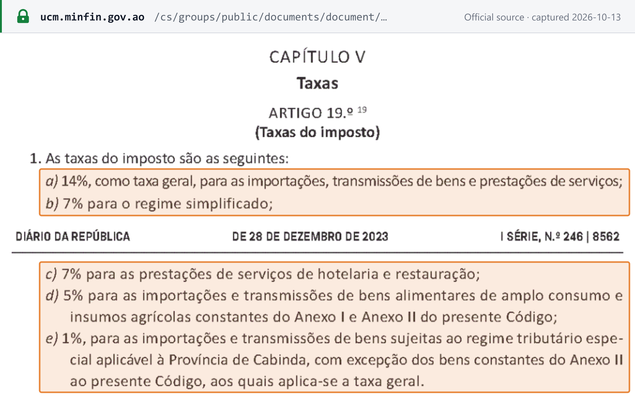 Source snapshot — IVA Code art. 19 (Law 14/23): rates of 14% general, 7% simplified regime and hotel and restaurant services, 5% basic foods and agricultural inputs, 1% Cabinda