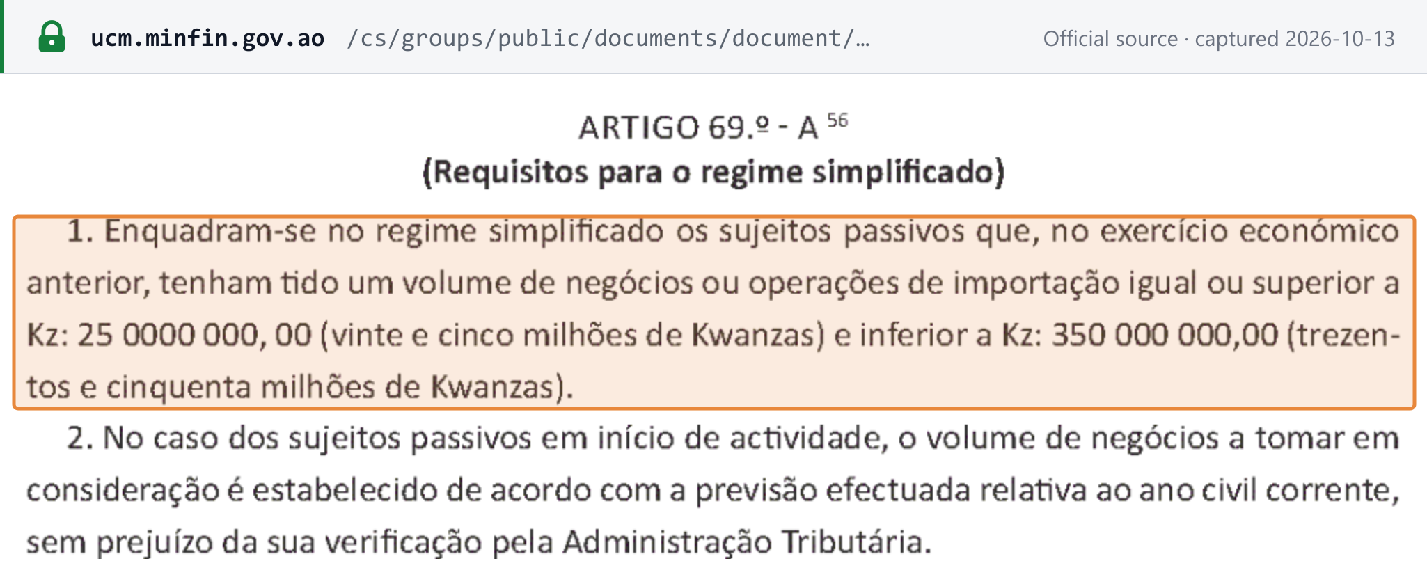 Source snapshot — IVA Code art. 69-A (Law 14/23): the simplified regime covers turnover or imports from Kz 25,000,000 to below Kz 350,000,000