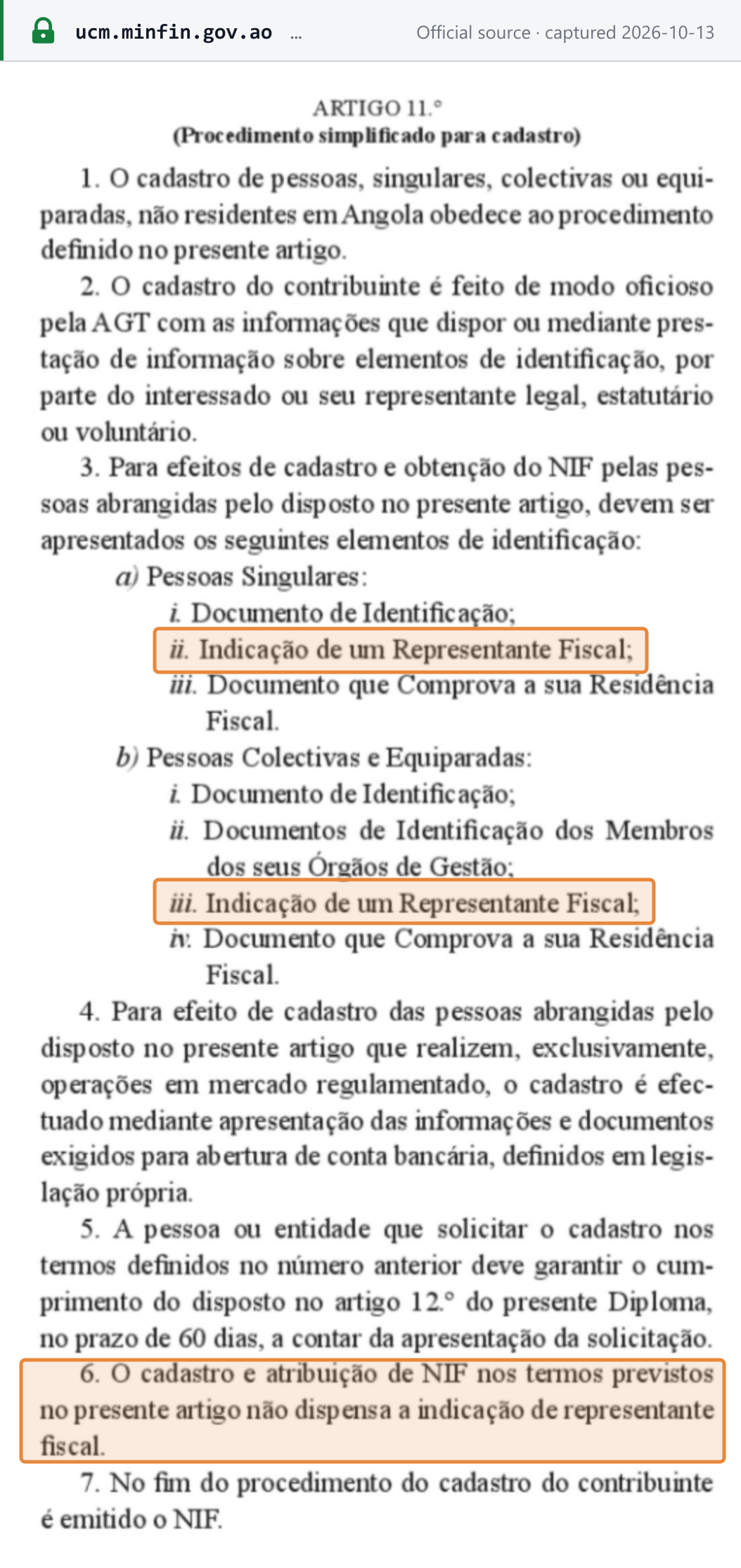 Source snapshot — Presidential Decree 245/21, art. 11: non-residents registering for a NIF must present identification, name a fiscal representative and prove their tax residence