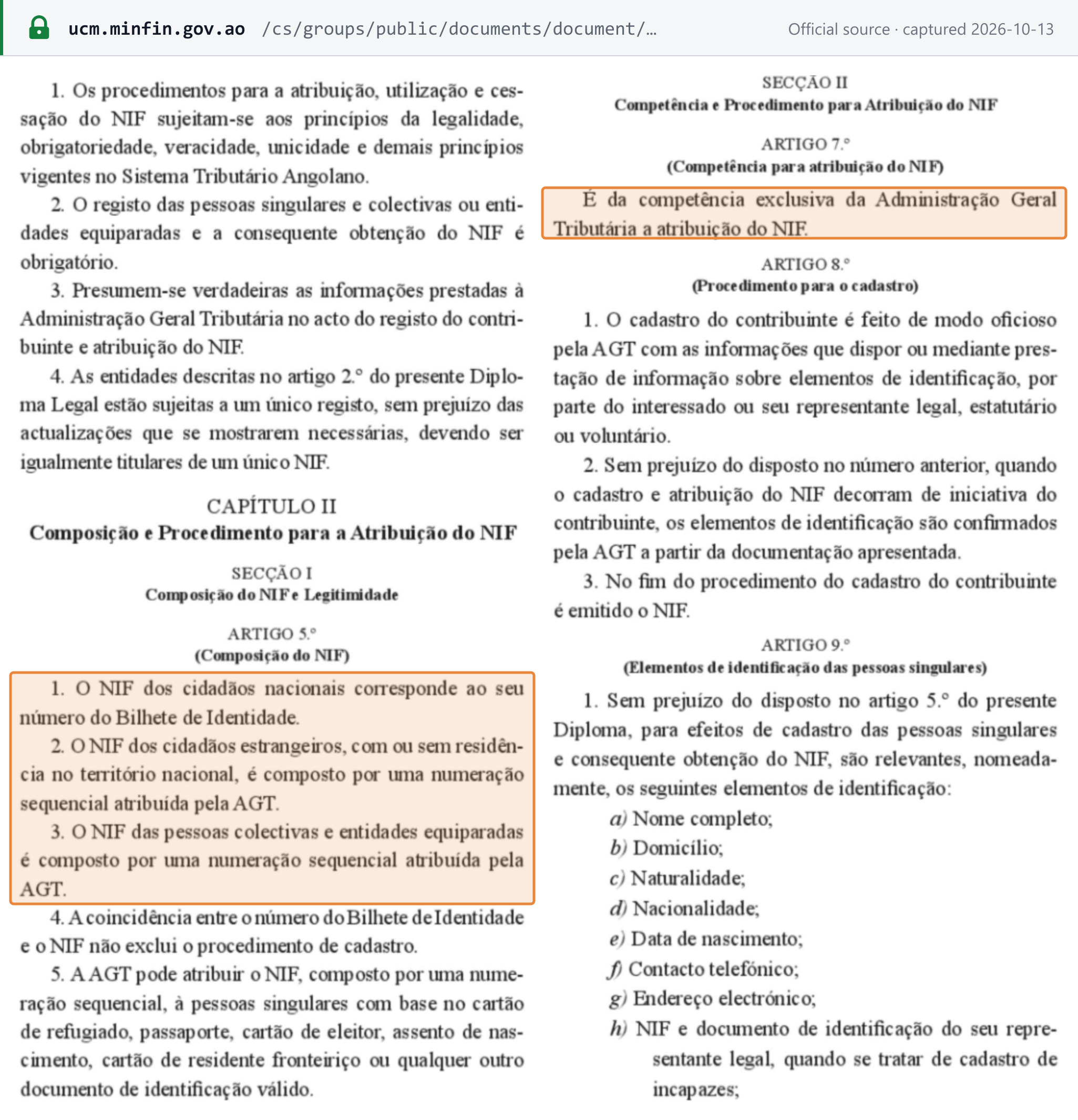 Source snapshot — Presidential Decree 245/21, art. 5: a citizen's NIF is their Bilhete de Identidade number; foreigners and companies receive a sequential number from AGT