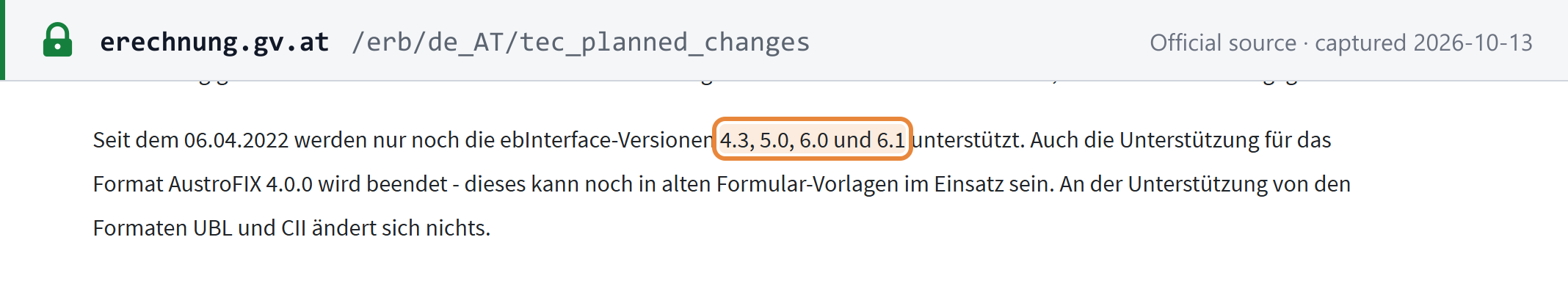 Source snapshot — e-Rechnung.gv.at: since 6 April 2022 only ebInterface versions 4.3, 5.0, 6.0 and 6.1 are supported