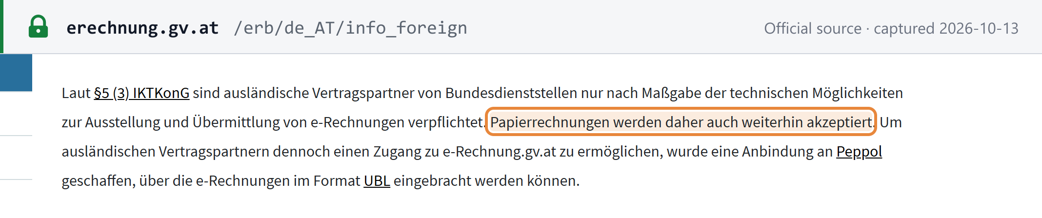 Source snapshot — e-Rechnung.gv.at: foreign contracting partners are obliged only as far as technically feasible, so paper invoices are still accepted