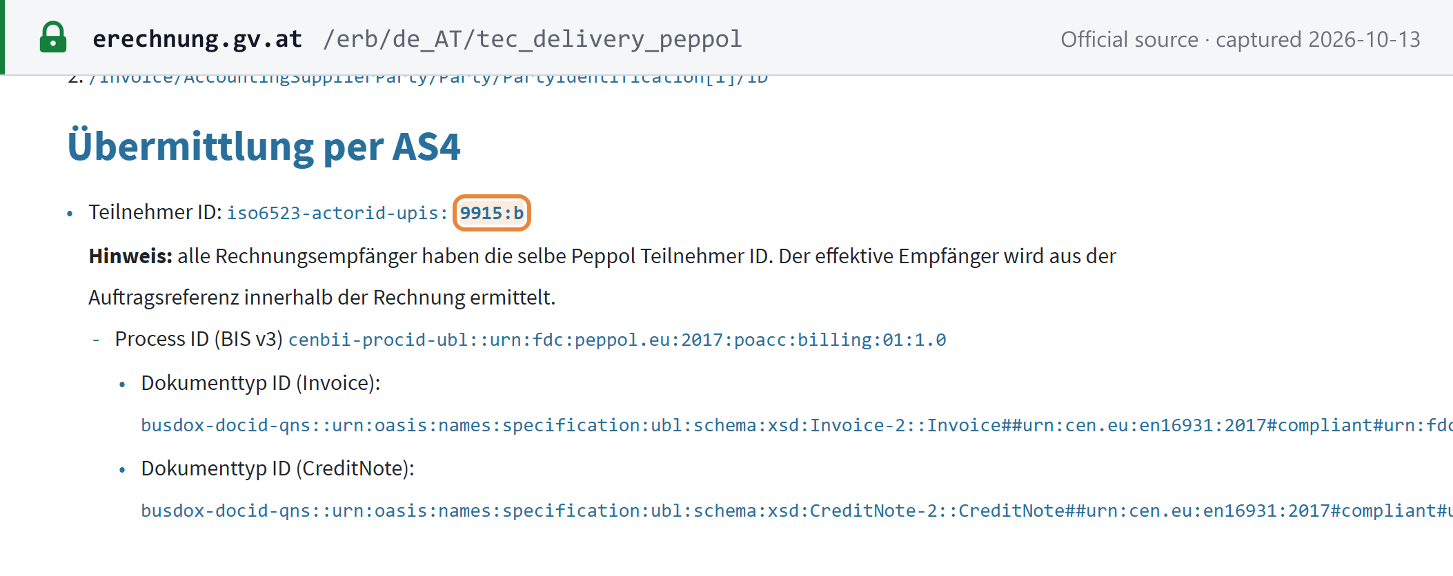 Source snapshot — e-Rechnung.gv.at: transmission via AS4, participant ID 9915; all invoice recipients share the same Peppol participant ID, and the actual recipient is taken from the order reference