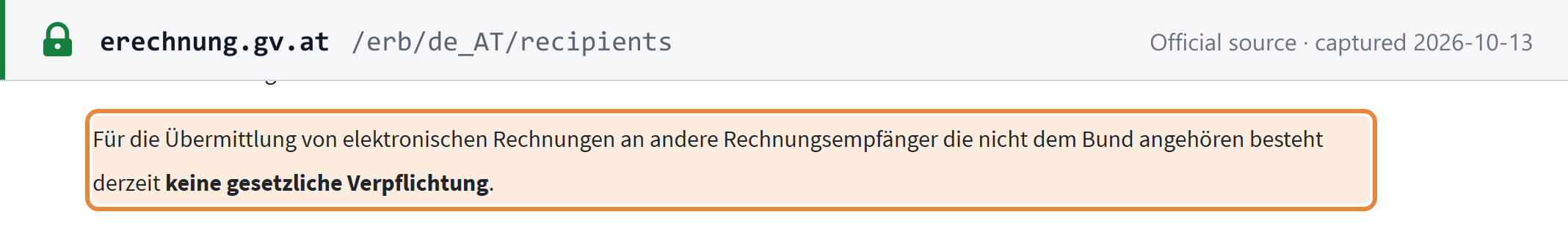 Source snapshot — e-Rechnung.gv.at: there is currently no legal obligation to send e-invoices to recipients outside the federal government