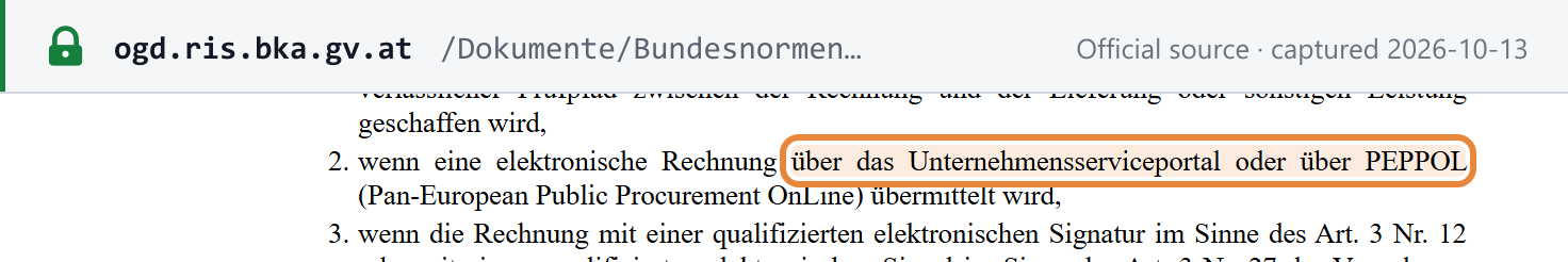 Source snapshot — E-Rechnung-UStV § 1: authenticity and integrity are guaranteed where the e-invoice is transmitted via the Business Service Portal or PEPPOL