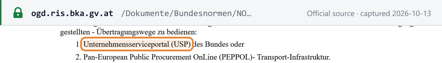 Source snapshot — e-Rechnungsverordnung § 5 Abs. 2: contracting partners use the federal Business Service Portal (USP) or the PEPPOL transport infrastructure