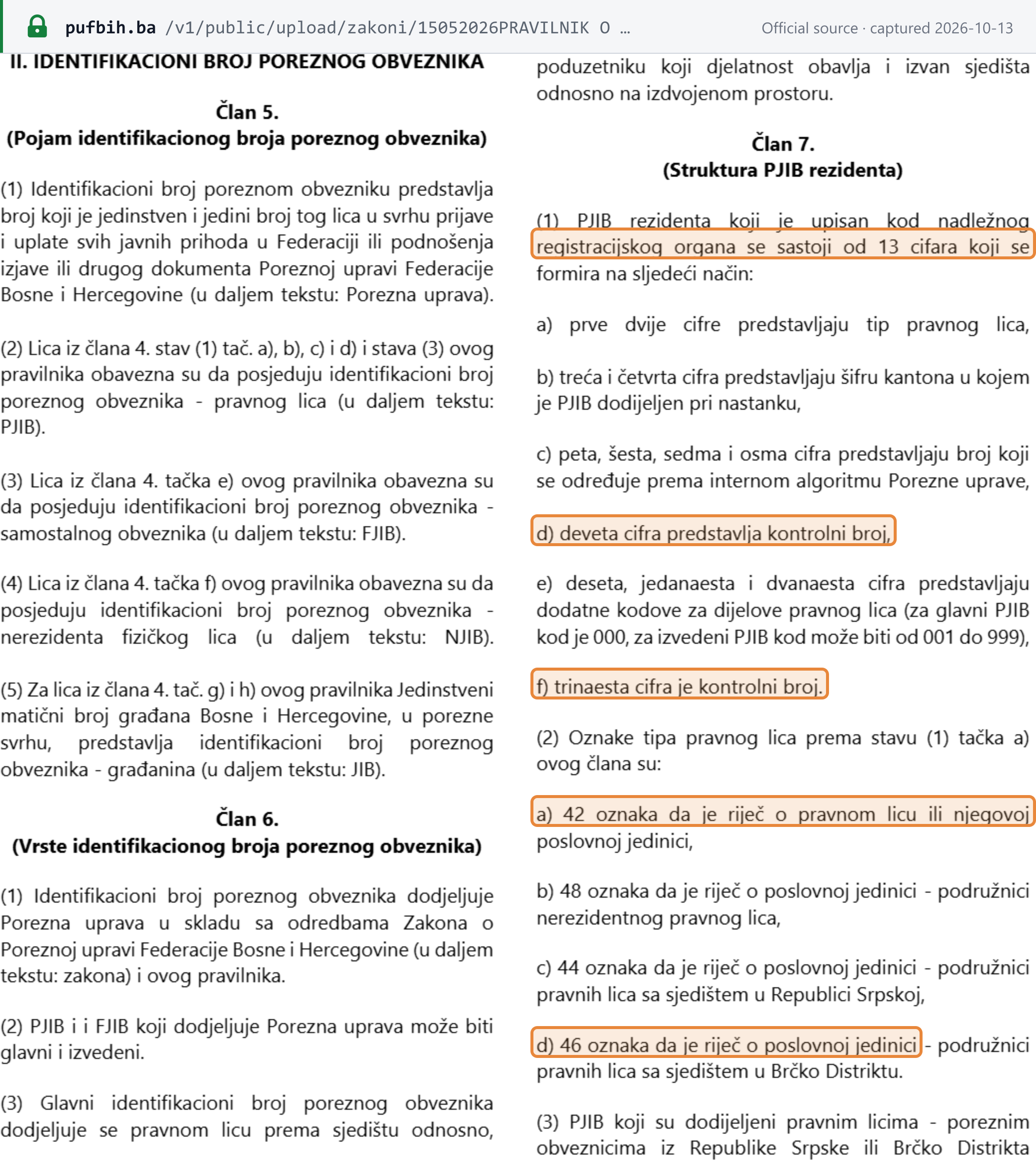 Source snapshot — FBiH ID rulebook, art. 7: the 13-digit PJIB is made up of a type code, canton code, four-digit number, check digit, three-digit unit code and a final check digit; type codes 42, 48, 44 and 46