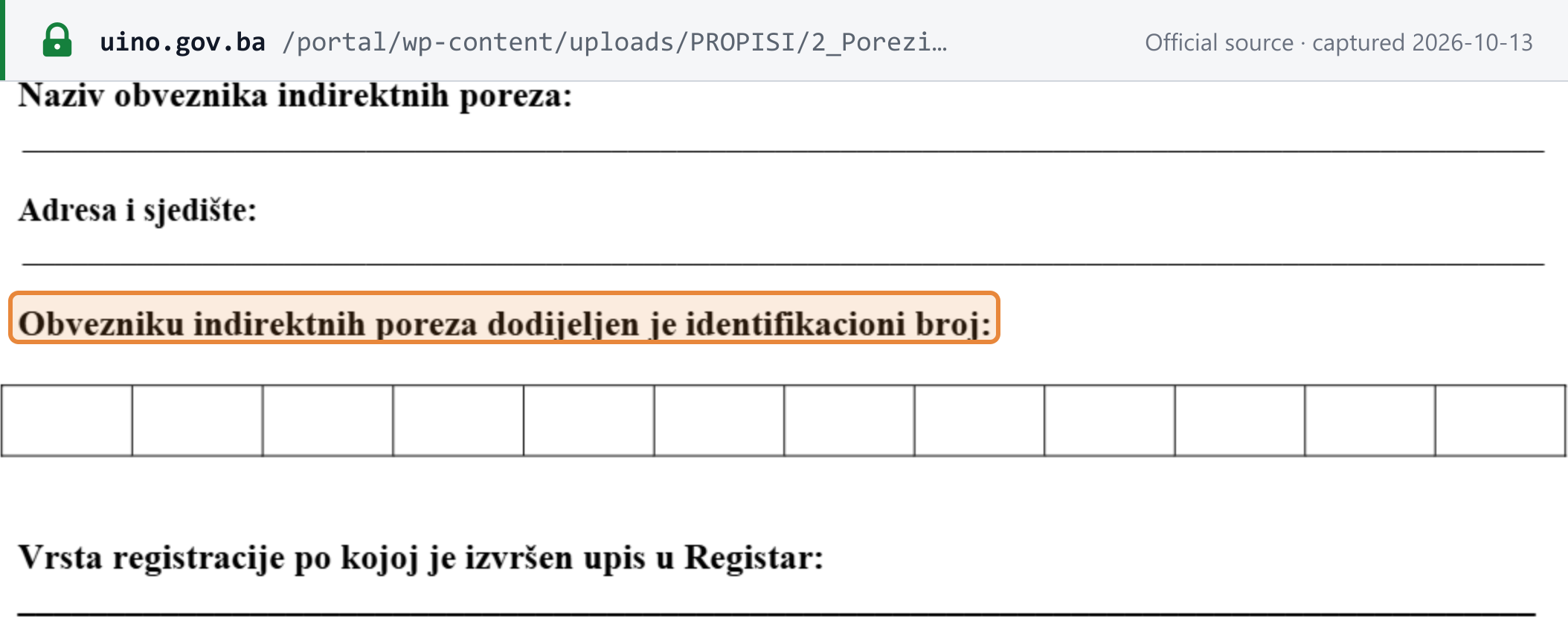 Source snapshot — UIO specimen registration certificate: the taxpayer is assigned an identification number shown in twelve digit boxes