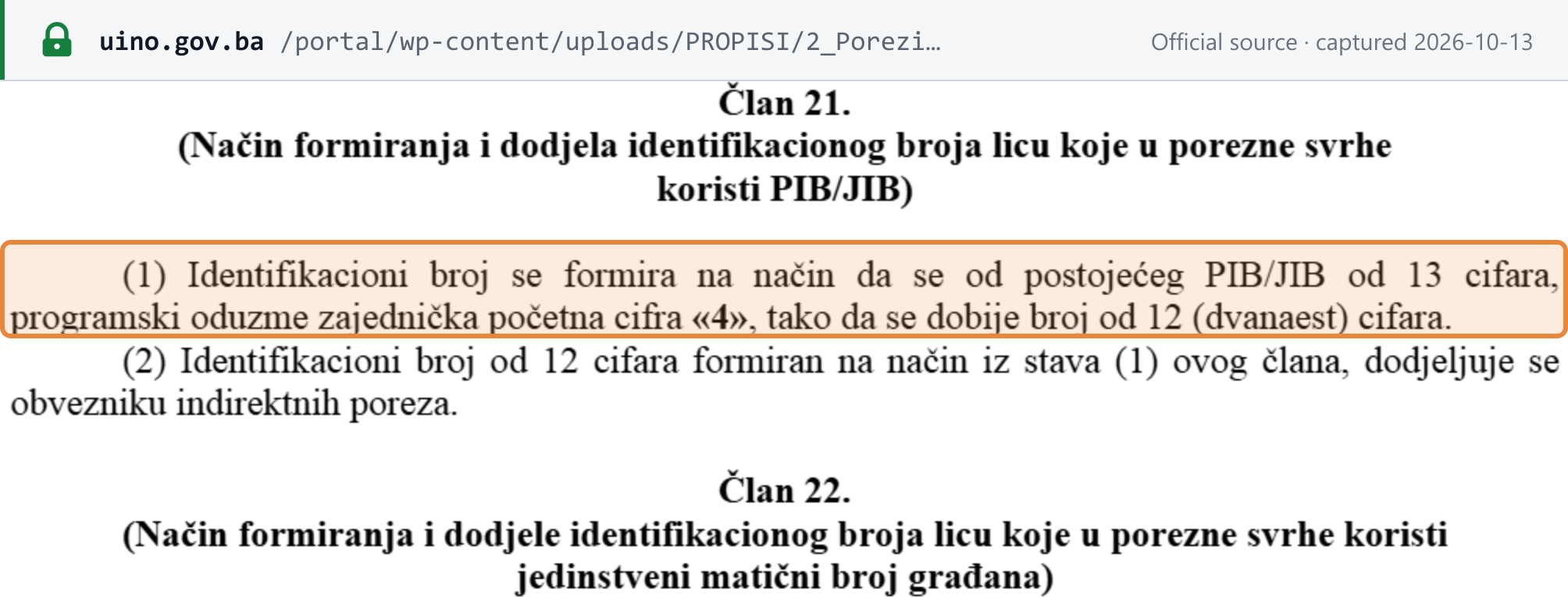 Source snapshot — UIO registration rulebook, art. 21: the 12-digit identification number is formed by removing the common leading digit 4 from the 13-digit PIB/JIB