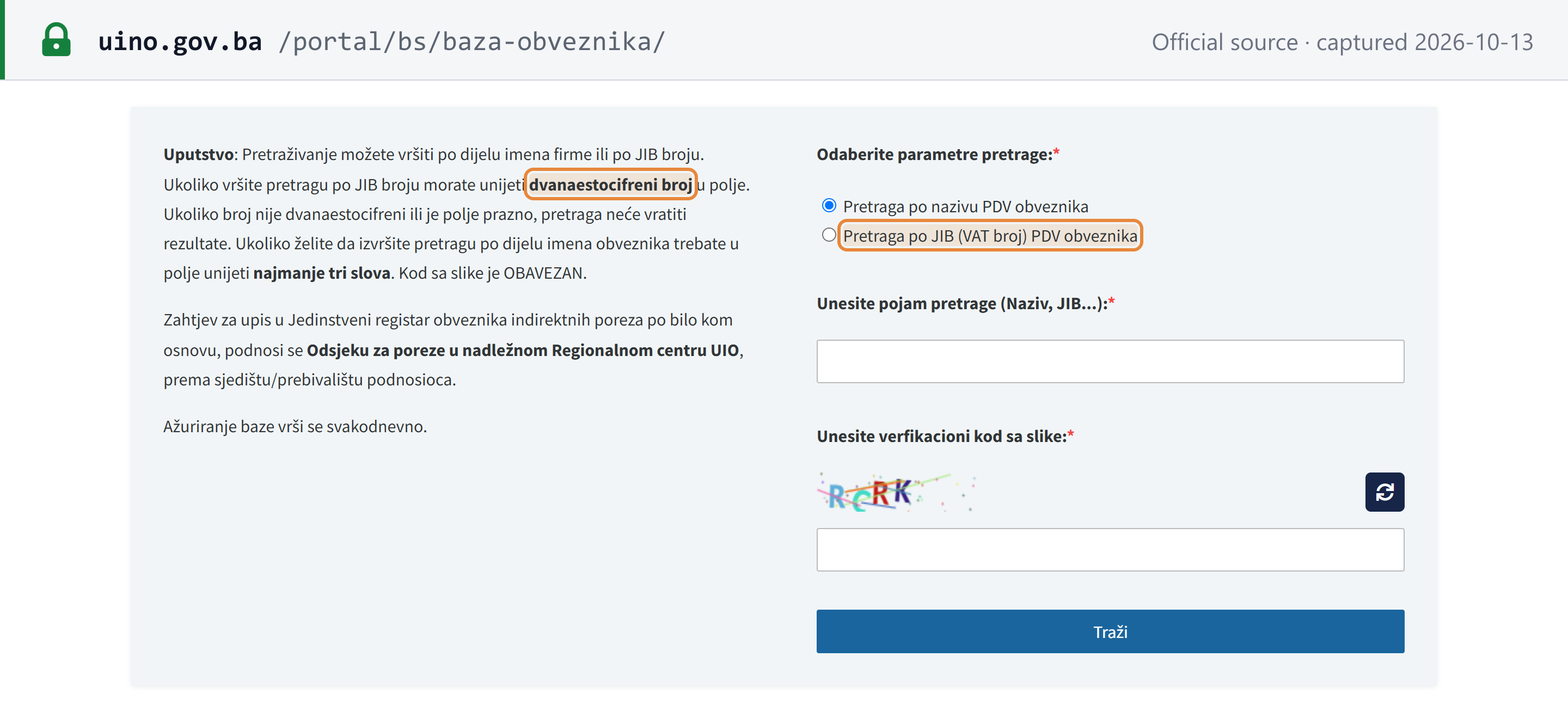 Source snapshot — UIO taxpayer database: search by the 12-digit number, entering all 12 digits