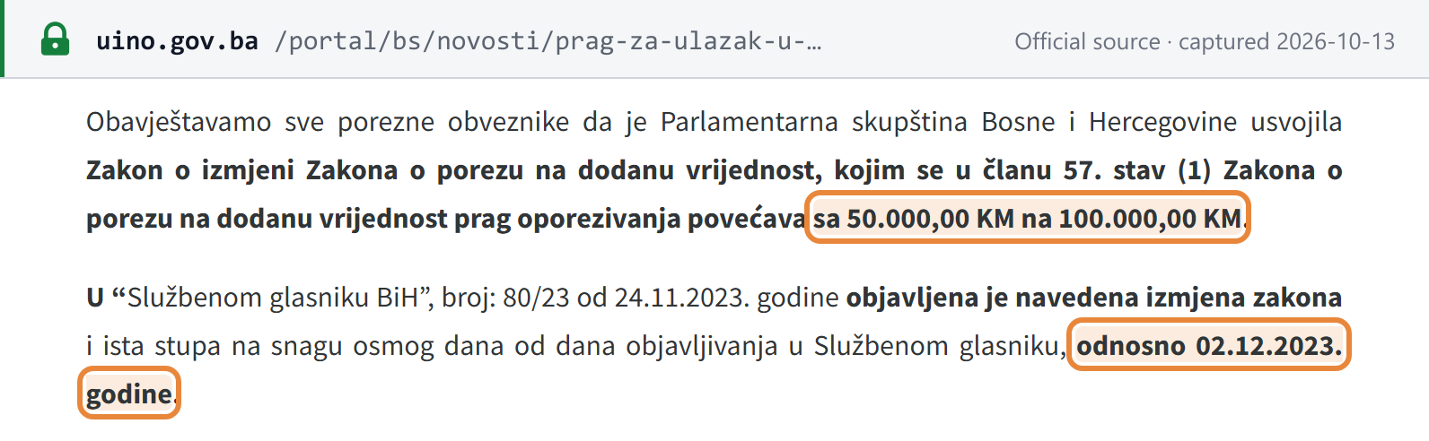 Source snapshot — UIO news: the VAT registration threshold rises from 50,000 KM to 100,000 KM, in force from 02.12.2023