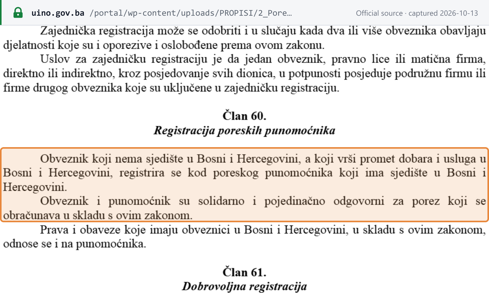 Source snapshot — VAT Law art. 60: a taxable person without a seat in Bosnia and Herzegovina registers through a tax proxy seated there; both are jointly and severally liable