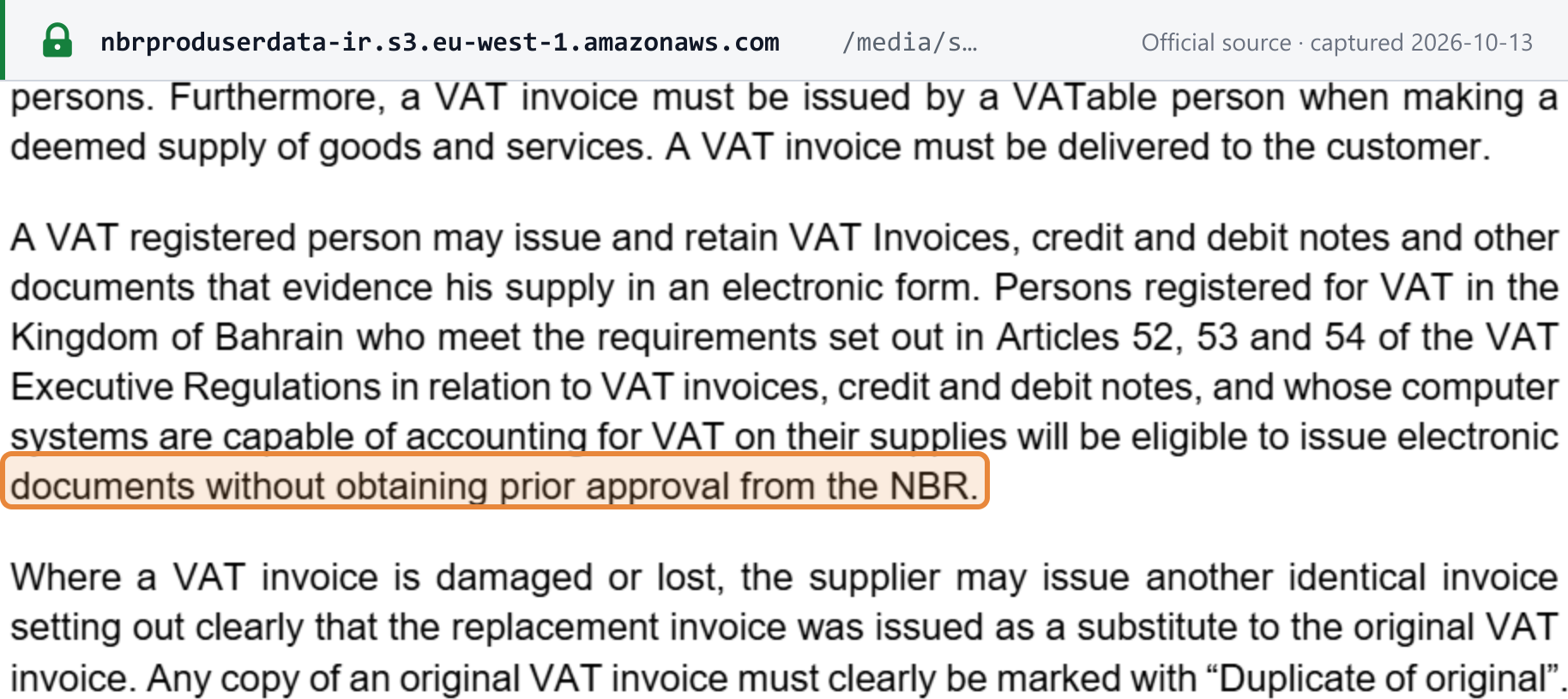 Source snapshot — NBR VAT General Guide §10.2.1: VAT-registered persons may issue electronic invoices without obtaining prior approval from the NBR