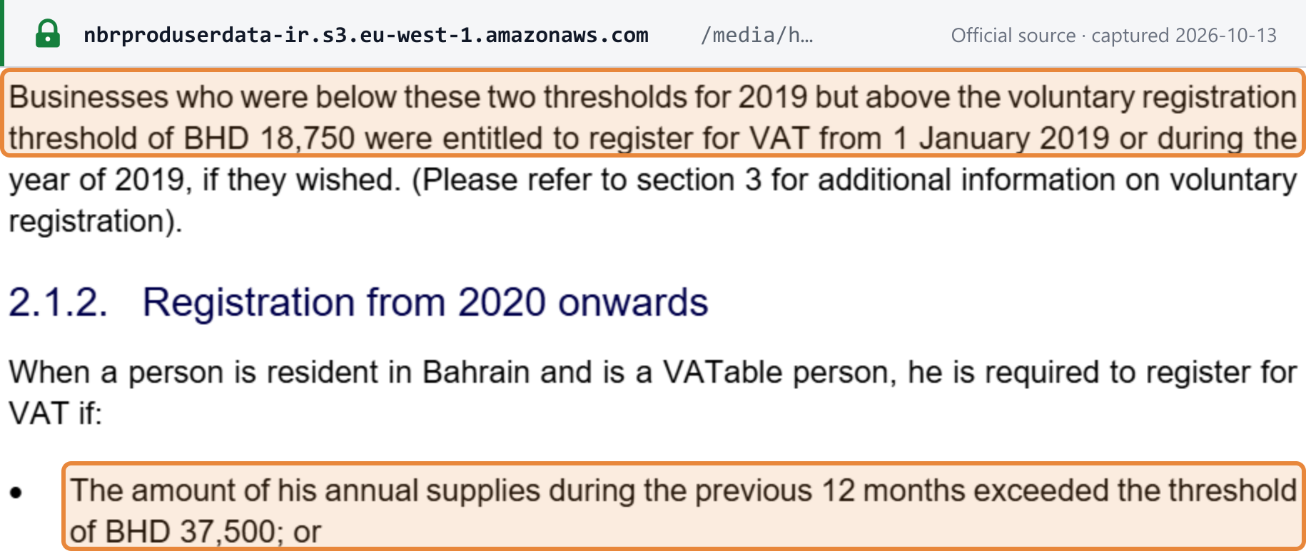 Source snapshot — NBR VAT Registration Guide: mandatory VAT registration threshold of BHD 37,500