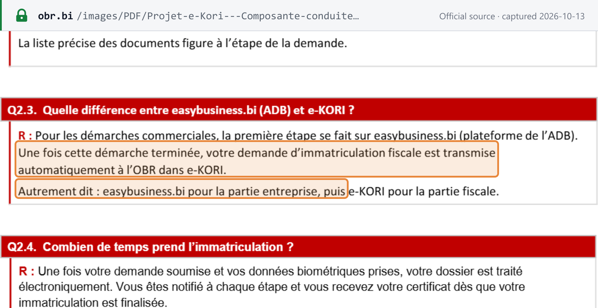 Source snapshot — OBR e-KORI FAQ: commercial registrations start on easybusiness.bi, then the tax registration passes to OBR in e-KORI