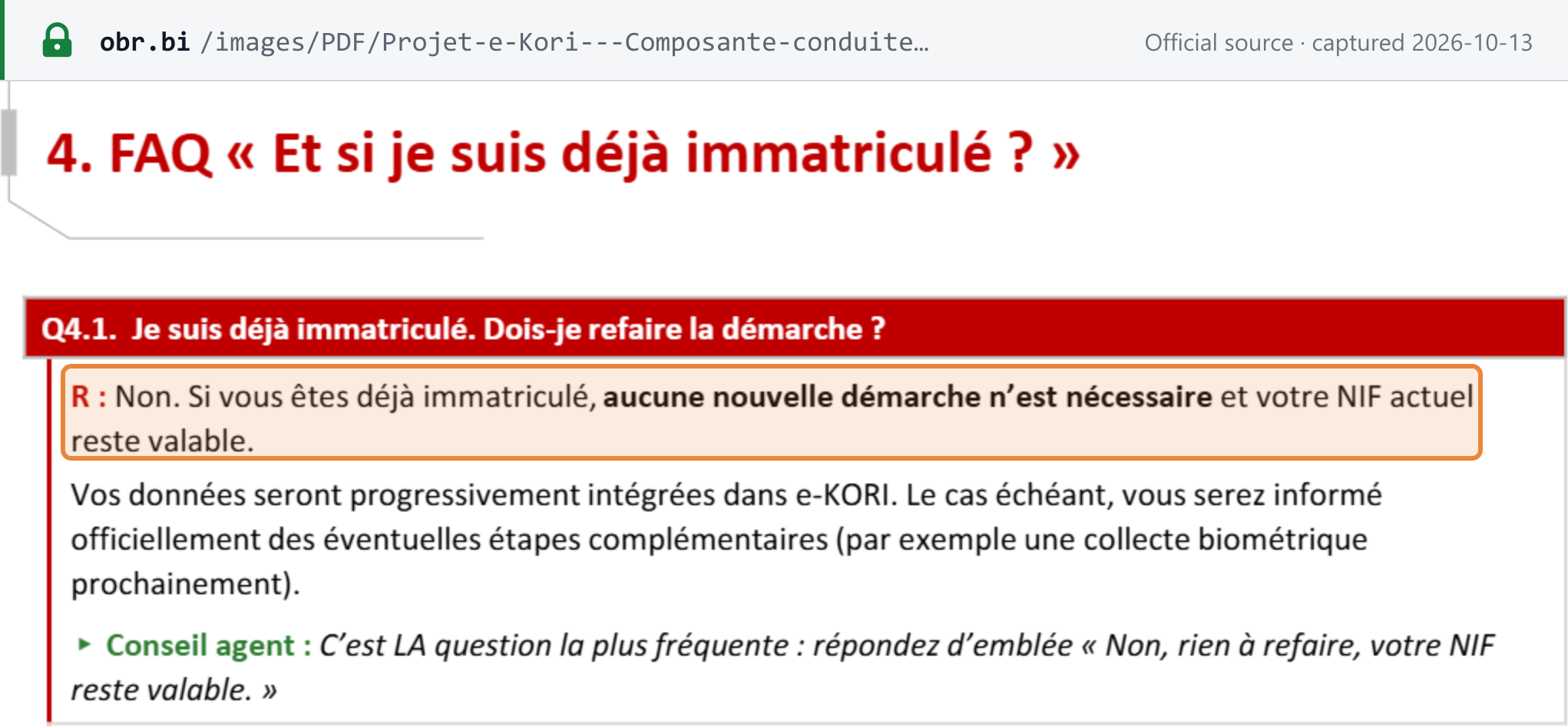Source snapshot — OBR e-KORI FAQ: taxpayers already registered need do nothing, and their current NIF remains valid