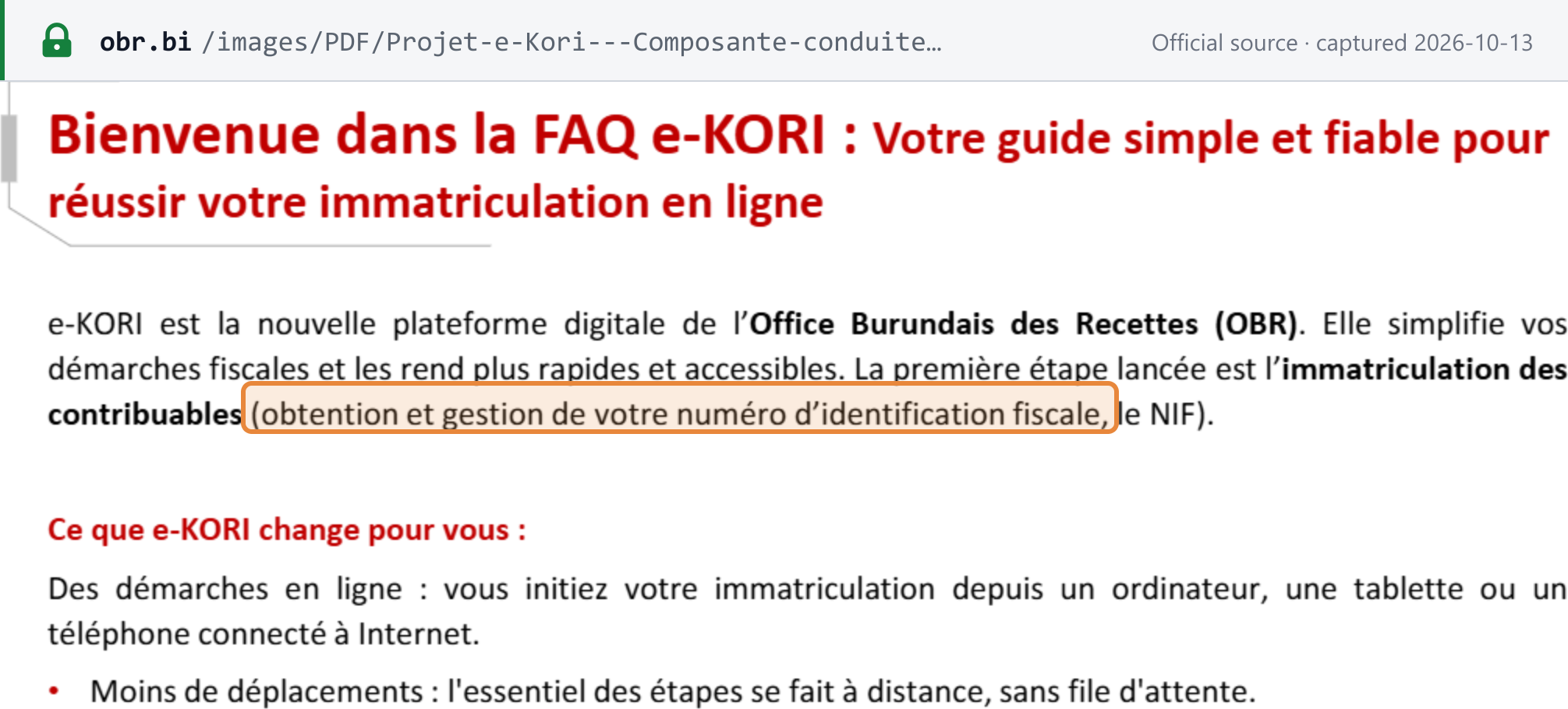 Source snapshot — OBR e-KORI FAQ: e-KORI is OBR's new digital platform, starting with taxpayer registration — obtaining and managing your NIF