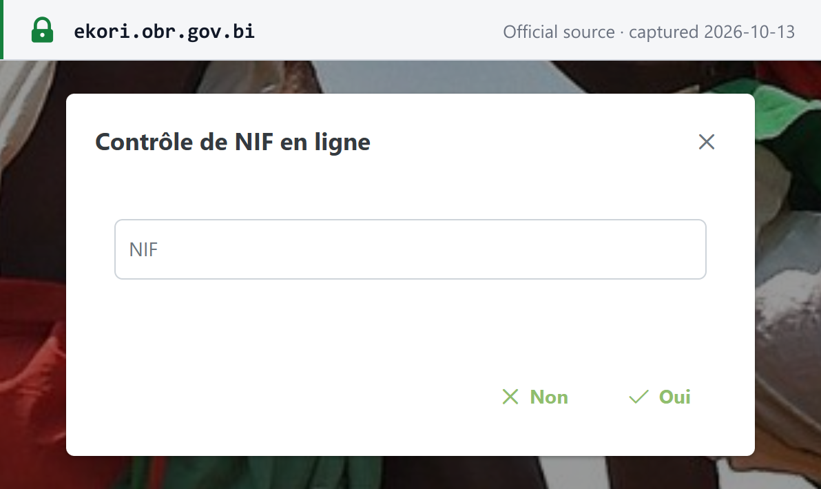Source snapshot — OBR e-KORI portal: the public "Contrôle de NIF en ligne" check
