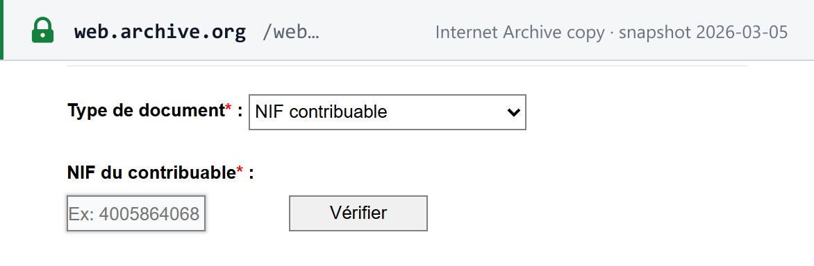 Source snapshot (Internet Archive copy, 5 March 2026) — OBR document-verification form: the "NIF du contribuable" field with the example 4005864068