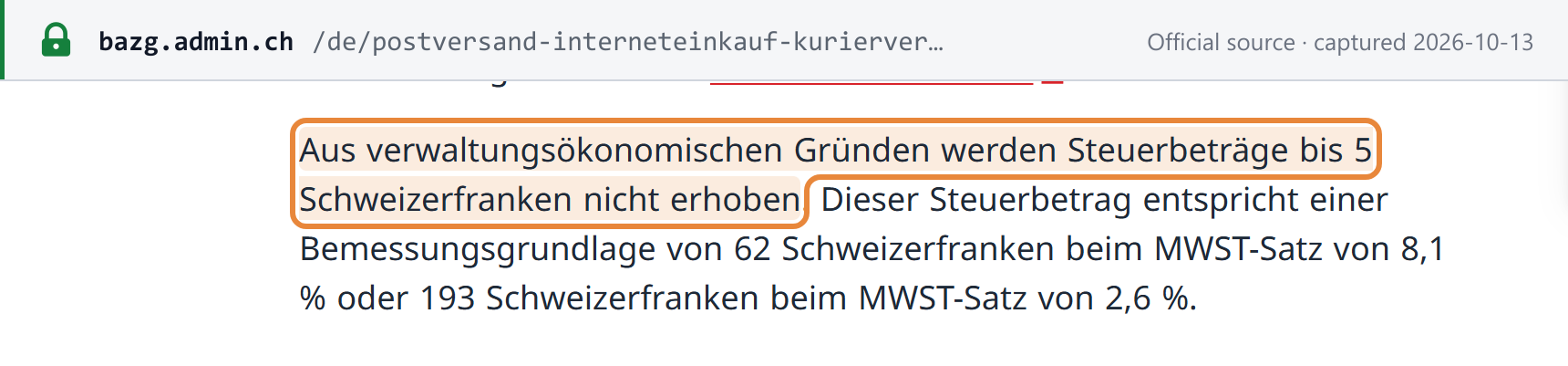 Source snapshot — BAZG: for administrative reasons, tax amounts up to CHF 5 are not collected, equal to a taxable value of CHF 62 at 8.1% or CHF 193 at 2.6%