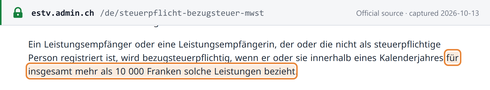 Source snapshot — ESTV: a recipient not registered as a taxable person becomes liable for reverse-charge tax if it buys more than CHF 10,000 of such services in a calendar year
