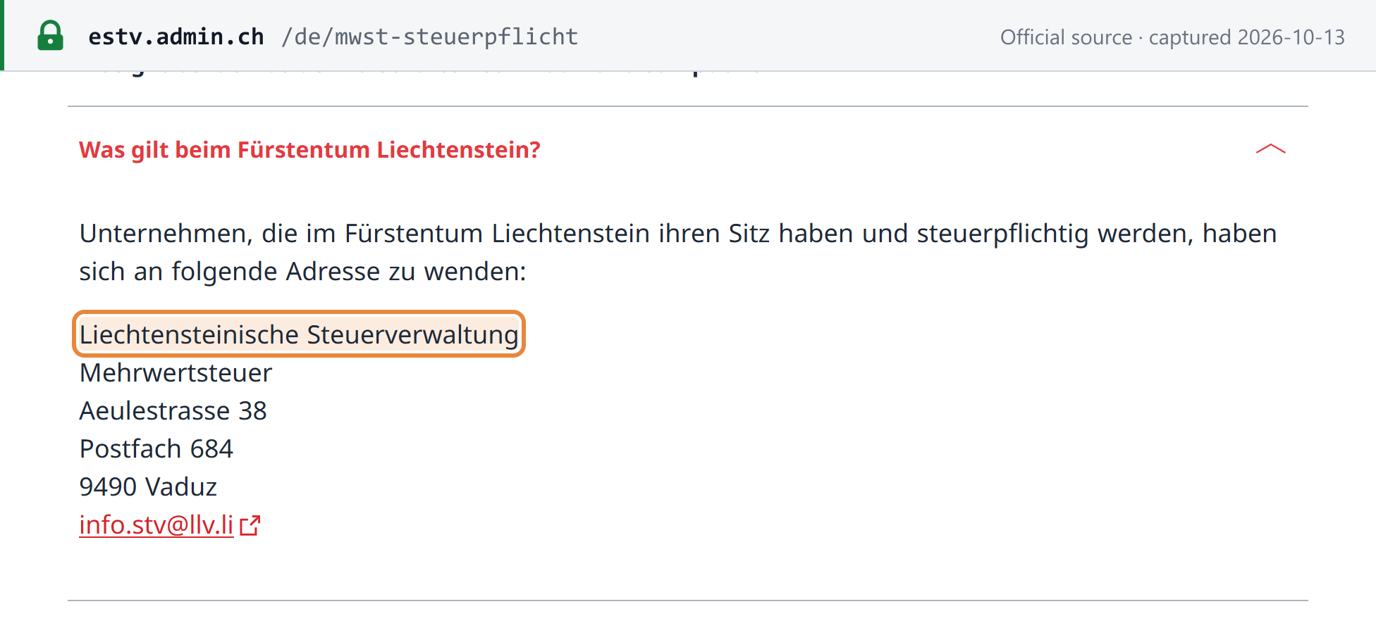 Source snapshot — ESTV: businesses seated in the Principality of Liechtenstein that become liable to tax must contact the Liechtensteinische Steuerverwaltung, Mehrwertsteuer, in Vaduz