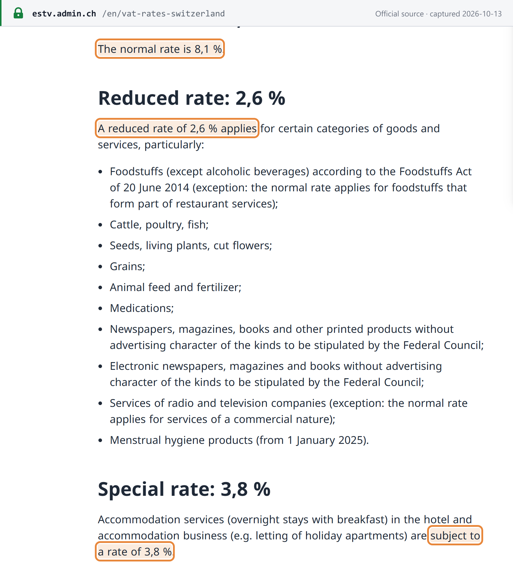 Source snapshot — ESTV: the normal rate is 8.1%; a reduced rate of 2.6% applies to foodstuffs, cattle and fish, seeds and plants, grains, feed and fertiliser, medicines, newspapers and books, radio and TV services and menstrual hygiene products; accommodation services are subject to 3.8%