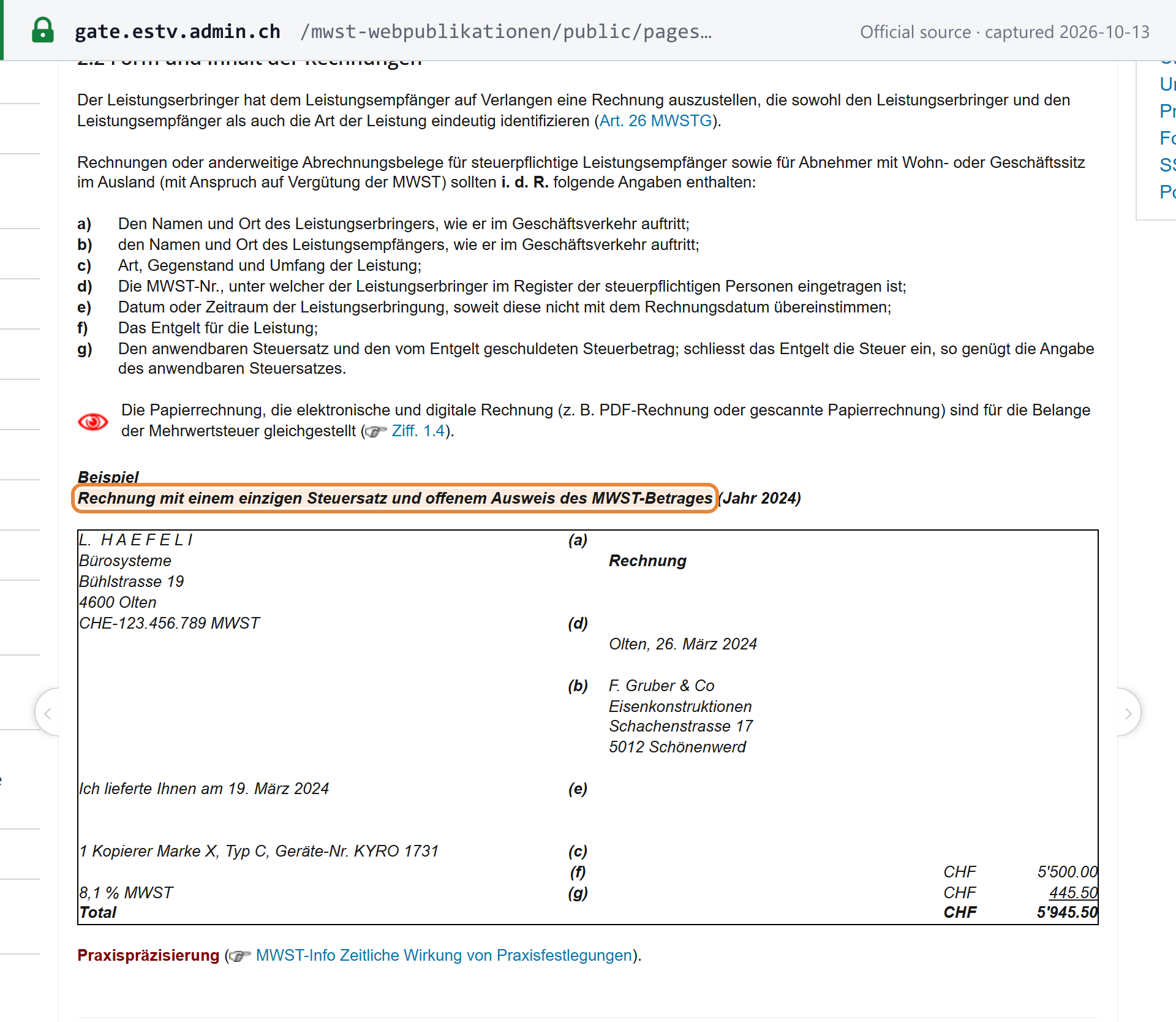 Source snapshot — ESTV MWST-Info 16 Ziff. 2.2: the list of particulars (a) to (g) an invoice should as a rule contain, and the ESTV example invoice with one tax rate and VAT shown separately, each element labelled (a) to (g)