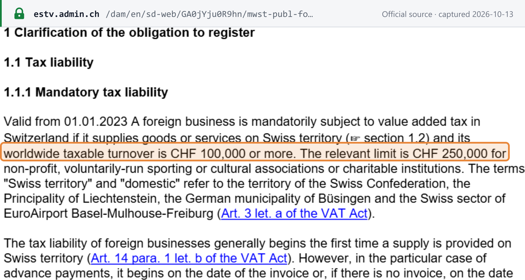 Source snapshot — ESTV VAT Info 22, p.3 (the 'Valid from 01.01.2023' marker is the document version date): a foreign business is mandatorily subject to Swiss VAT if it supplies on Swiss territory and its worldwide taxable turnover is CHF 100,000 or more (CHF 250,000 for non-profit sports or cultural associations and charities); Swiss territory includes Liechtenstein, Büsingen and the Swiss sector of EuroAirport