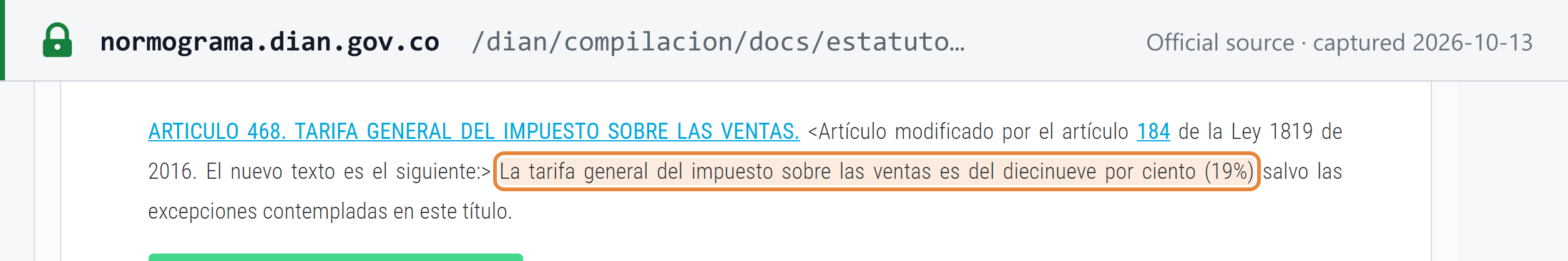 Source snapshot — DIAN Normograma copy of ET art. 468: the general rate of the impuesto sobre las ventas is 19%