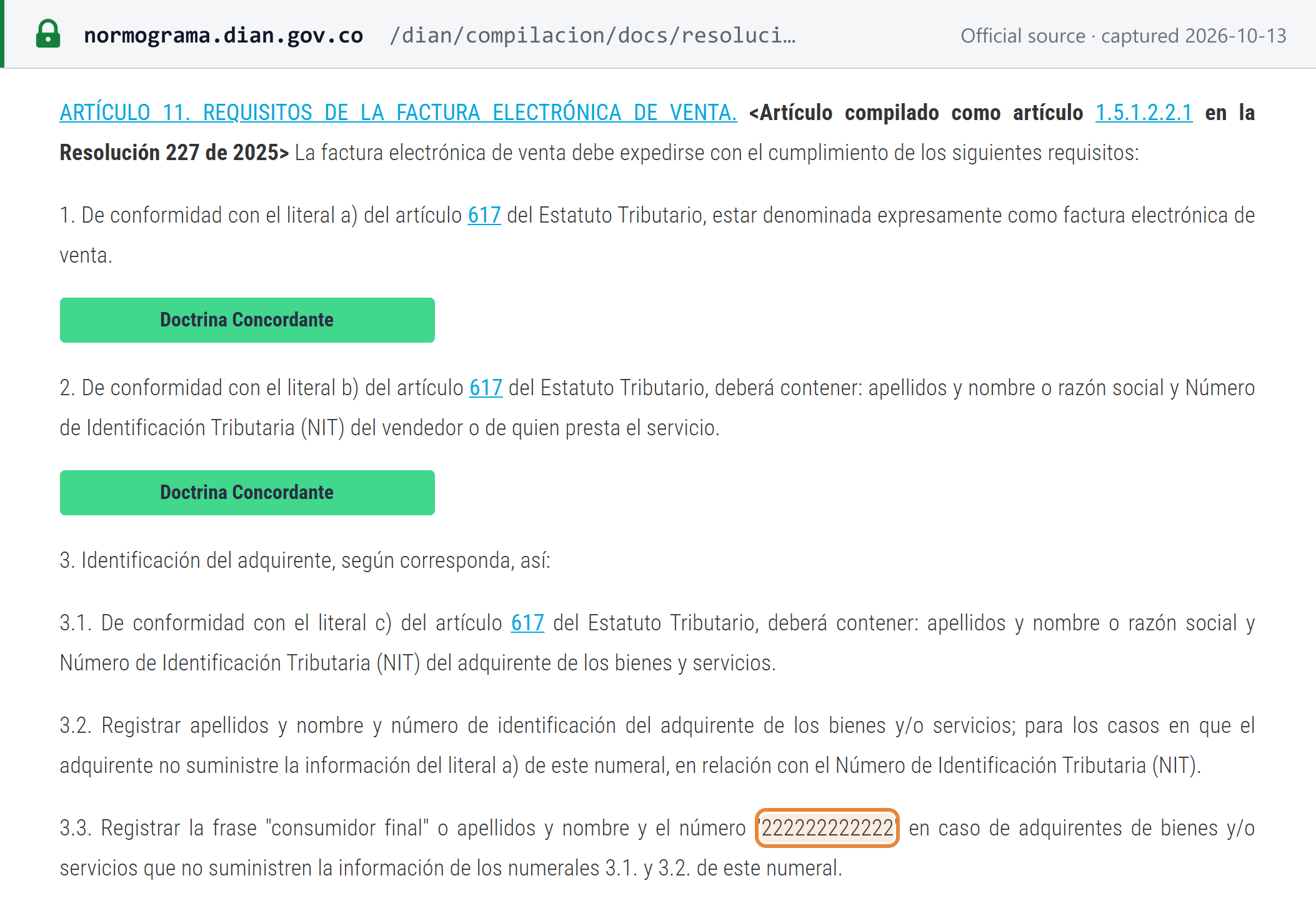 Source snapshot — DIAN Res. 000165/2023 art. 11, compiled as Res. 000227/2025 art. 1.5.1.2.2.1: the first three requirements of the electronic sales invoice, including "consumidor final" and the number 222222222222 for buyers who give no data