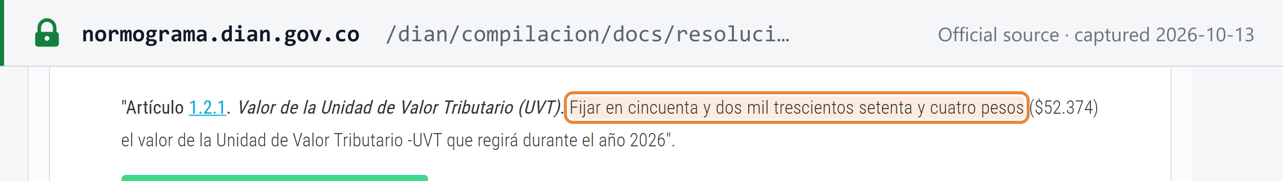 Source snapshot — DIAN Res. 000238/2025, art. 1.2.1: the UVT that applies during 2026 is fixed at COP 52,374