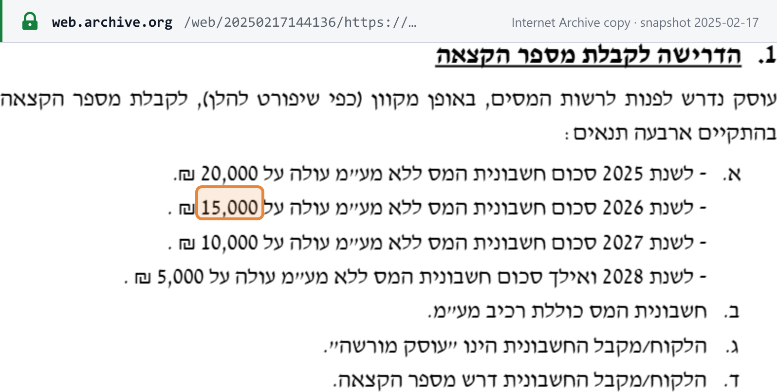 Source snapshot — ITA VAT Implementation Instruction 01/2024 (Internet Archive copy, 17 Feb 2025), the schedule later replaced: tax invoices above NIS 20,000 for 2025, NIS 15,000 for 2026 (boxed), NIS 10,000 for 2027 and NIS 5,000 from 2028