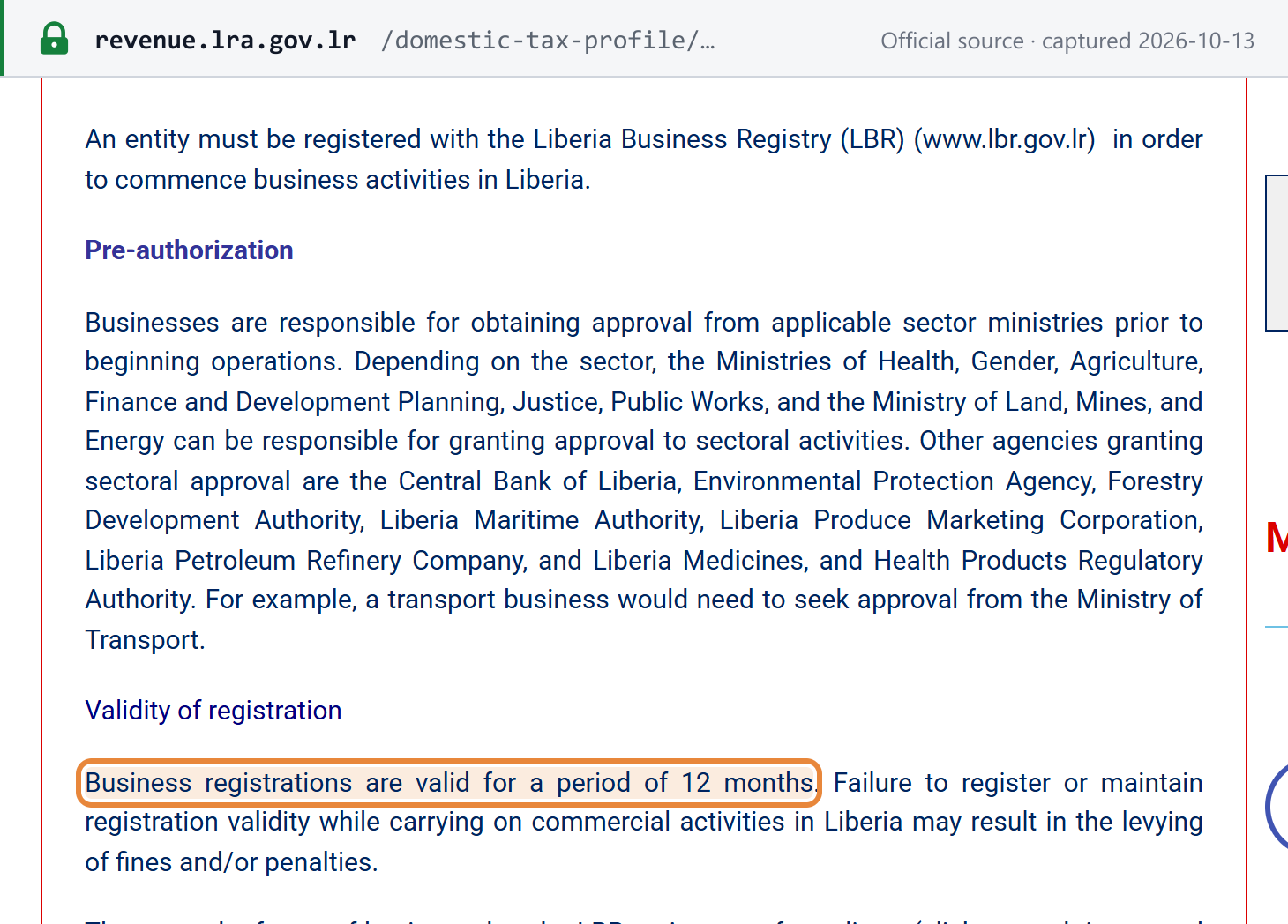 Source snapshot — LRA business tax page: an entity must be registered with the Liberia Business Registry to start business in Liberia, and business registrations are valid for 12 months