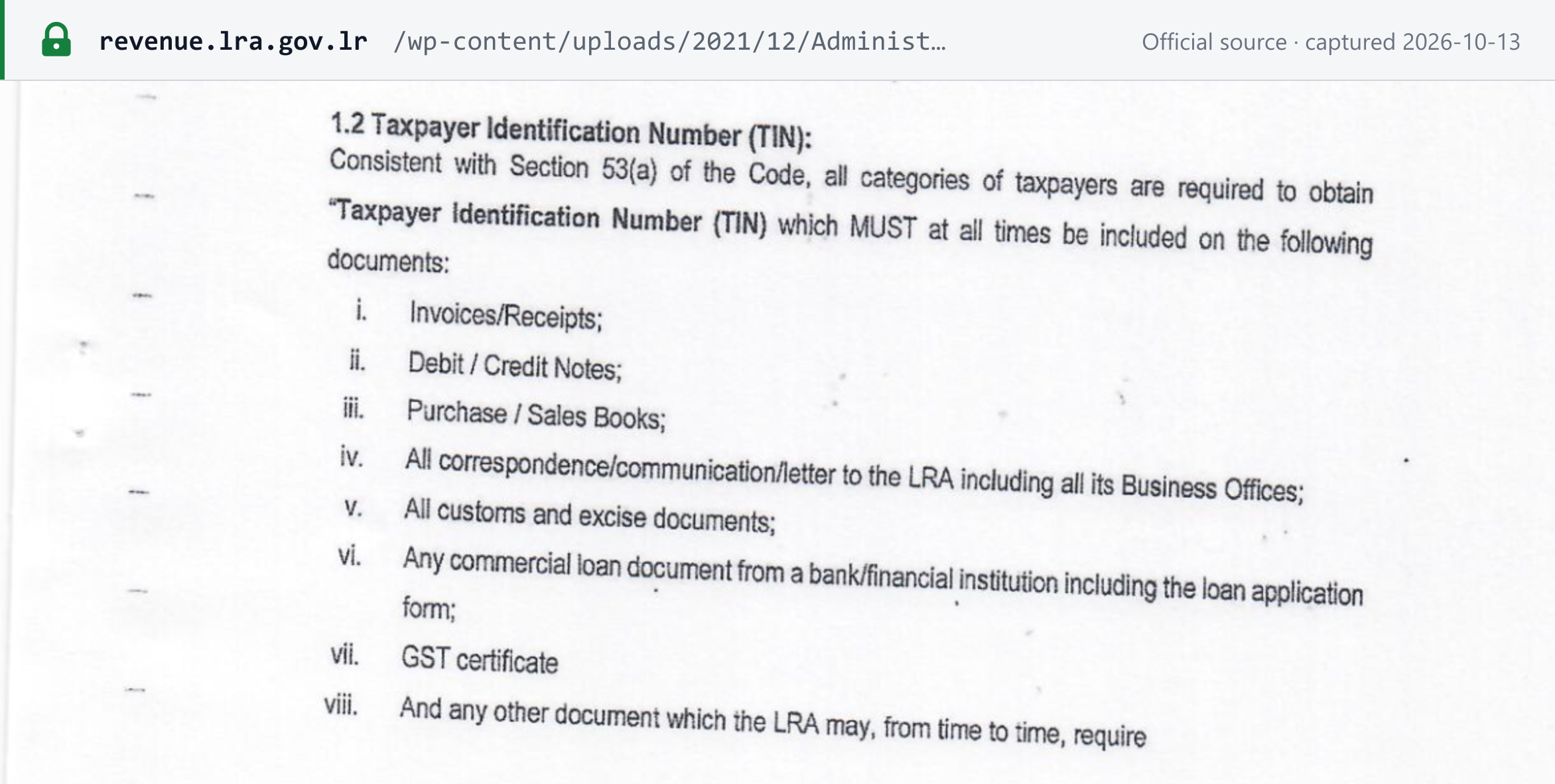 Source snapshot — LRA Electronic Fiscal Devices Regulations, reg. 1.2: the TIN must be included on invoices and receipts, debit and credit notes and other listed documents